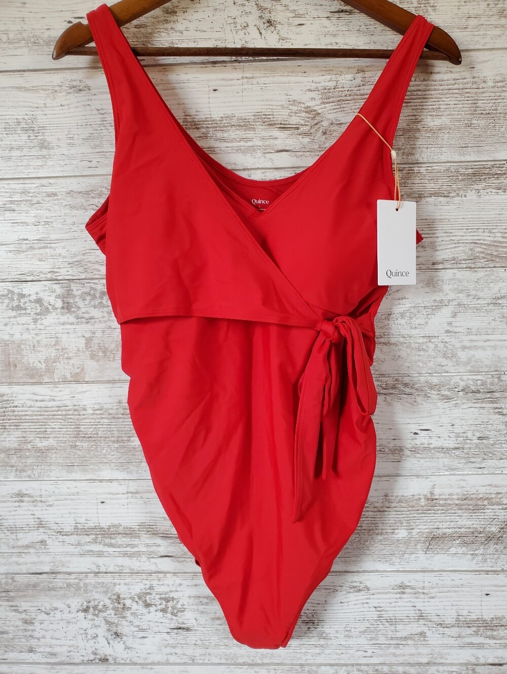 NWT Quince Maternity Wrap Swimsuit Red One Piece Bathing Suit V Neck